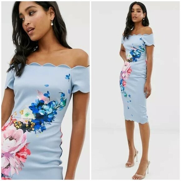 💕TED BAKER💕 Hailly Bardot Dress ~ Raspberry Ripple Print TB Size 4 = US 10 NWT - Picture 1 of 16